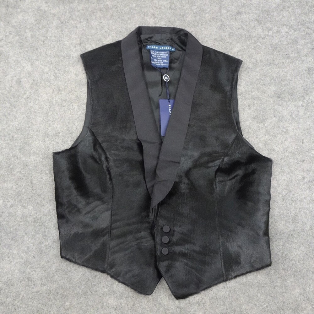 Ralph Lauren Vest Womens 12 Blue Label Black Silk Sleeveless Calf Hair Collar B